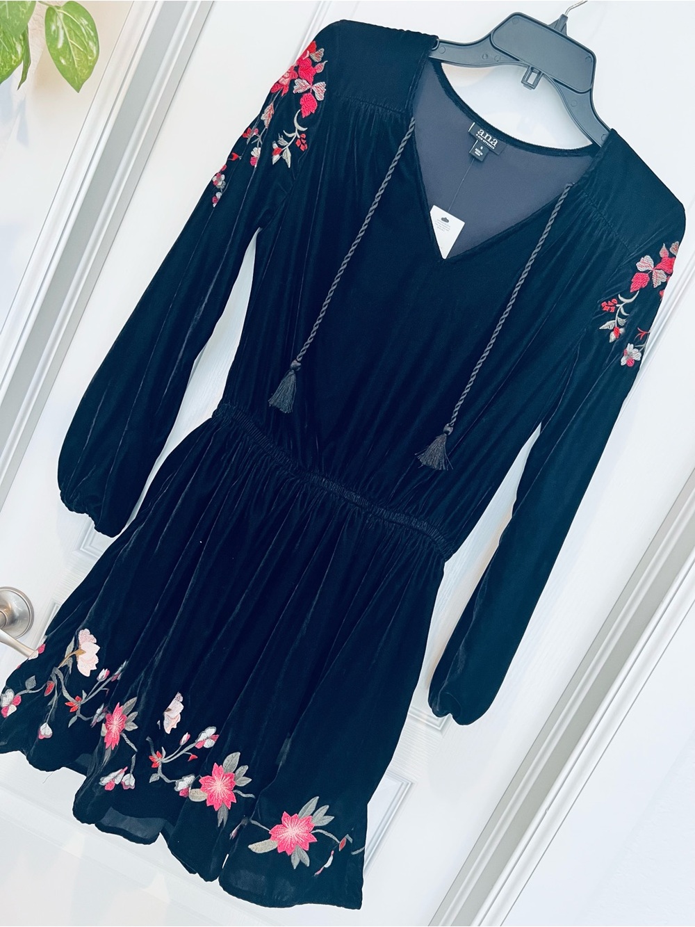 Black Velvet Dress Embroidered Floral Mini Boho Peasant Fit Flare S Ana Whimsy